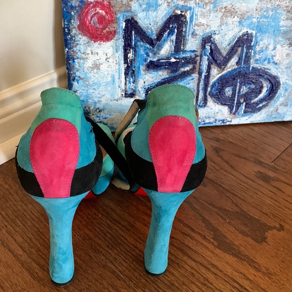 L’Estrosa RARE 38 Handcrafted Italian Suede Patchwork Platform Black Pink Teal - Picture 8 of 13